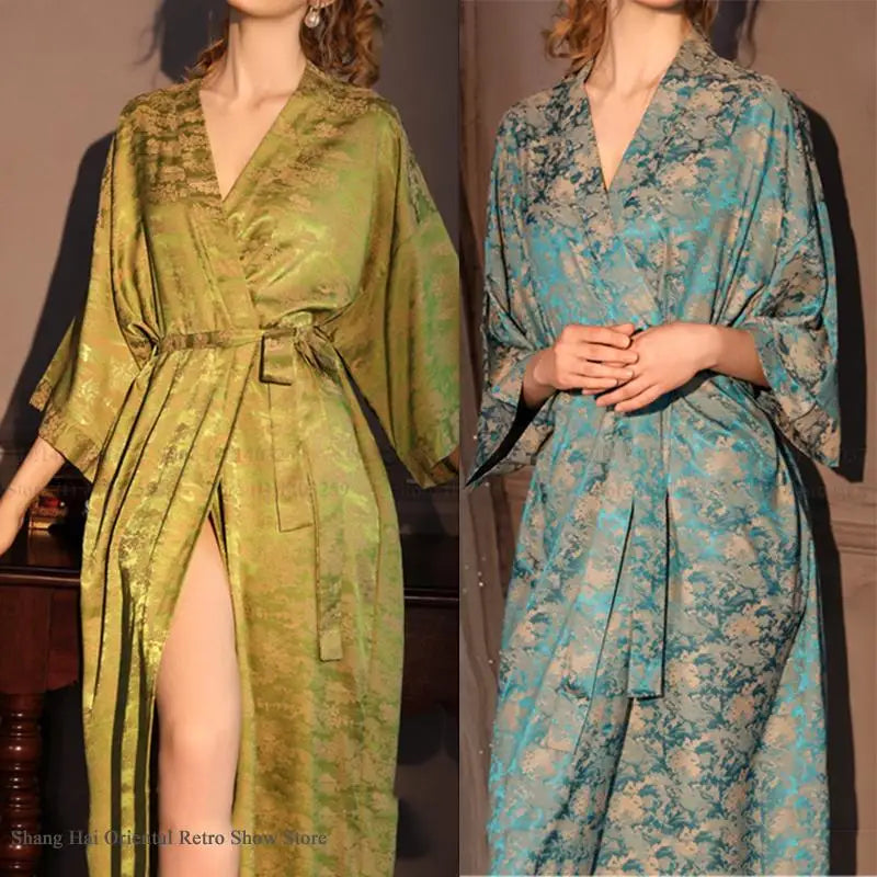 Pale Pink Floral Damask Satin Kimono Robe