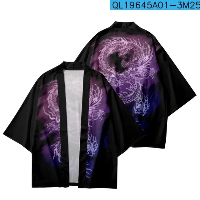 Black Haori Jacket with Purple Gradient Dragon