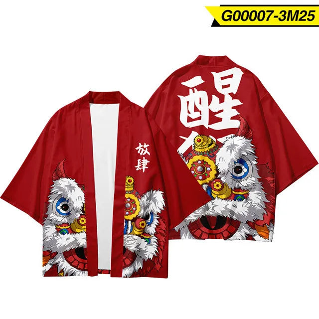 Red Lion Dance Graphic Kimono Cardigan