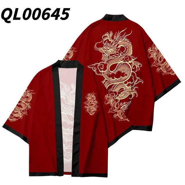 Deep Red Haori Jacket with Gold Dragon Print