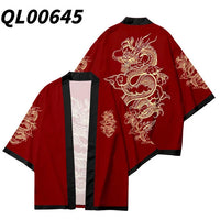Deep Red Haori Jacket with Gold Dragon Print