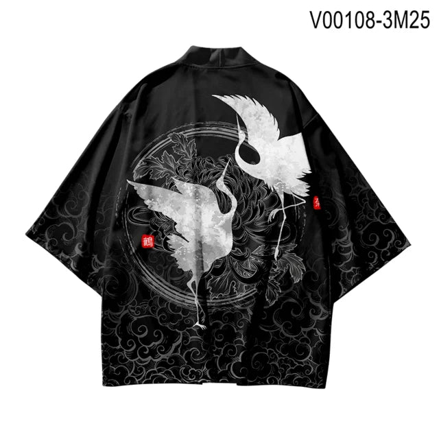Unisex Black Kimono Cardigan with Crane and Cloud Print