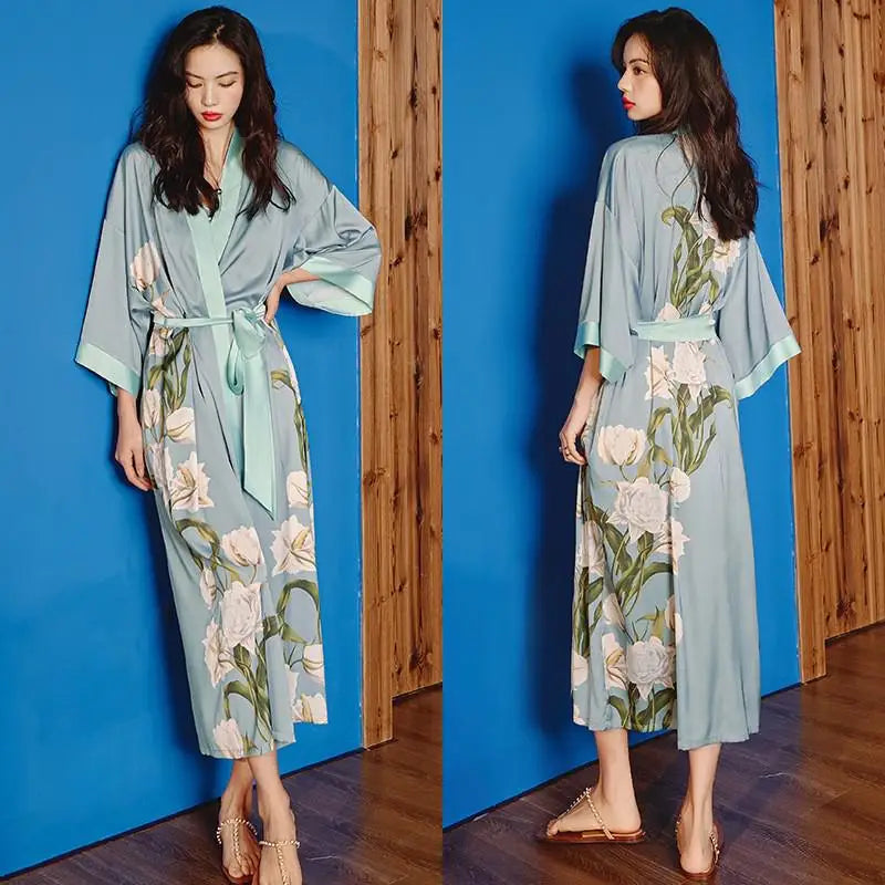 Women's Light Blue Floral Satin Midi Kimono Robe