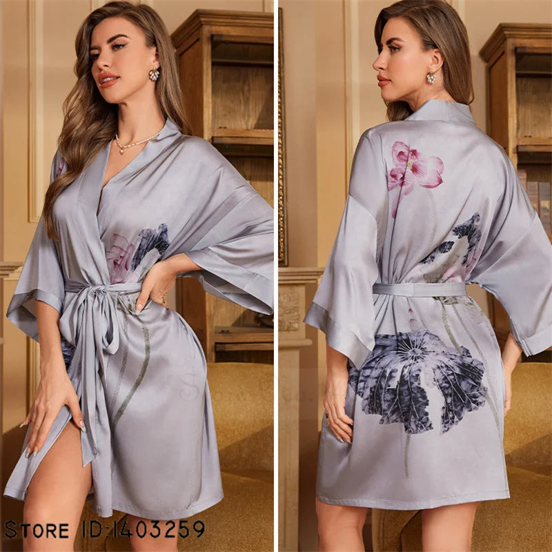 Short Light Grey Silky Kimono Robe with Floral Print