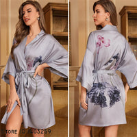 Short Light Grey Silky Kimono Robe with Floral Print