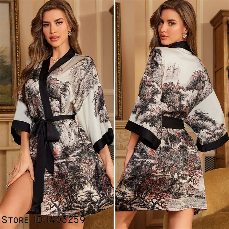 Kimono Robe with Oriental Scenic Landscape Print