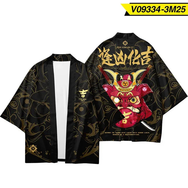 Japanese Kimono Cardigan with Red Samurai Mask Print