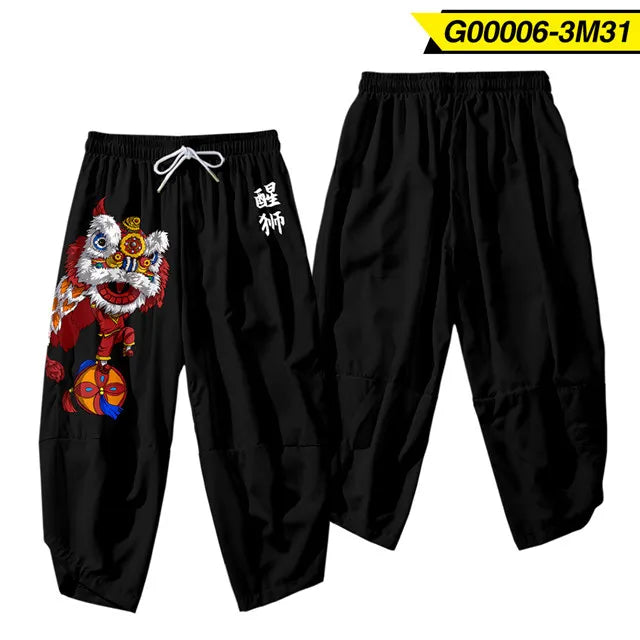 Loose Fit Black Joggers with Lion Dance Graphic