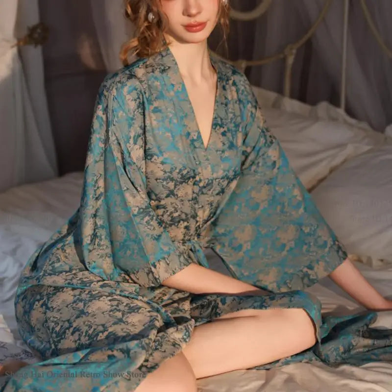 Grey Satin Kimono Robe with Floral Peacock Print