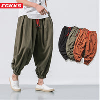 Men's White Cotton Linen Harem Pants with Red Drawstring
