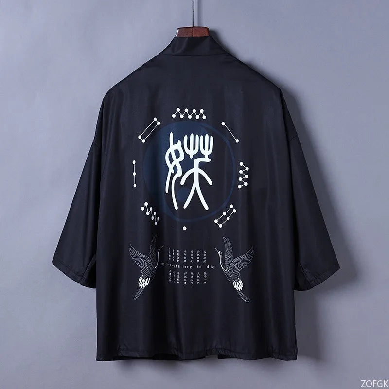 Black Haori Jacket with Crane Back Graphic