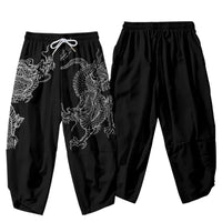 Black Dragon Print Harem Pants with Kanji