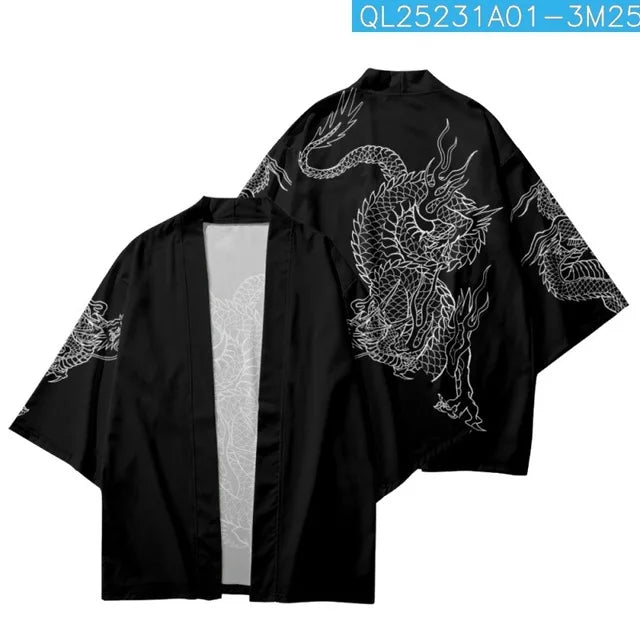 Unisex Black Haori Jacket with White Dragon Print