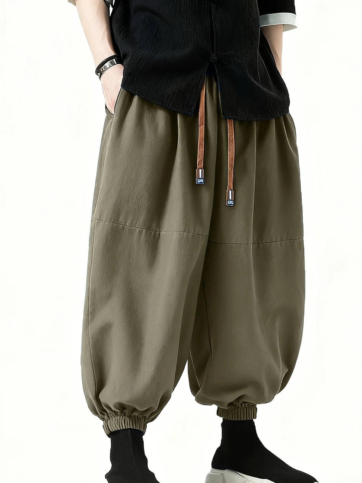Men's Olive Green Wide-Leg Jogger Pants