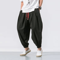 Men's Black Drop Crotch Harem Pants with Red Drawstring