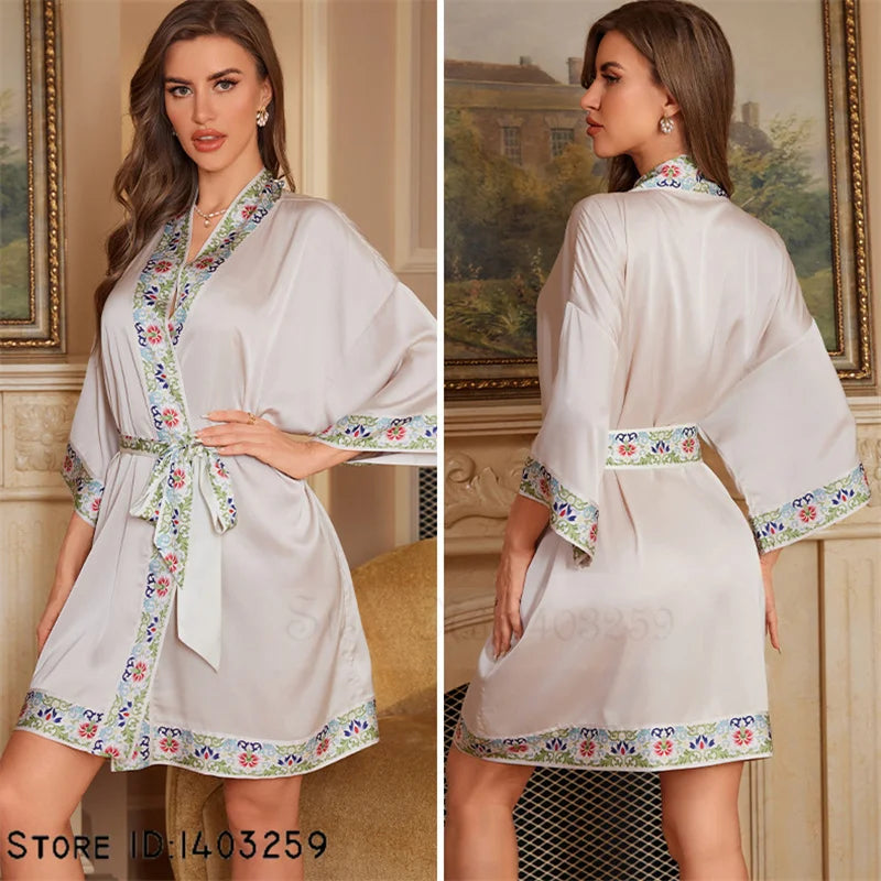 Women's Champagne Satin Kimono Robe with Floral Trim