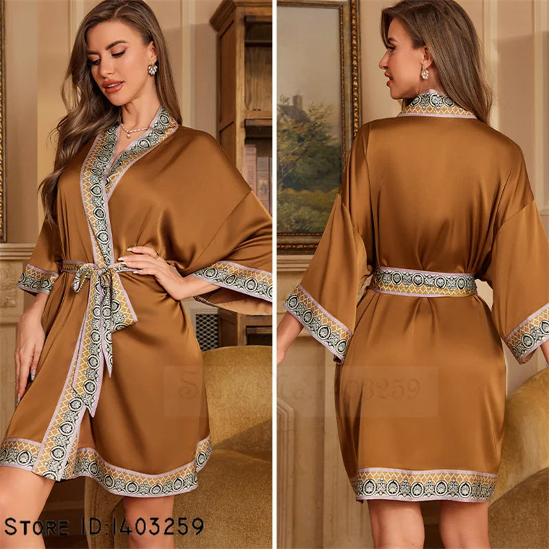 Short Satin Kimono Robe with Ornate Border