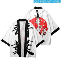 White Haori Jacket with Japanese Samurai & Fox Art