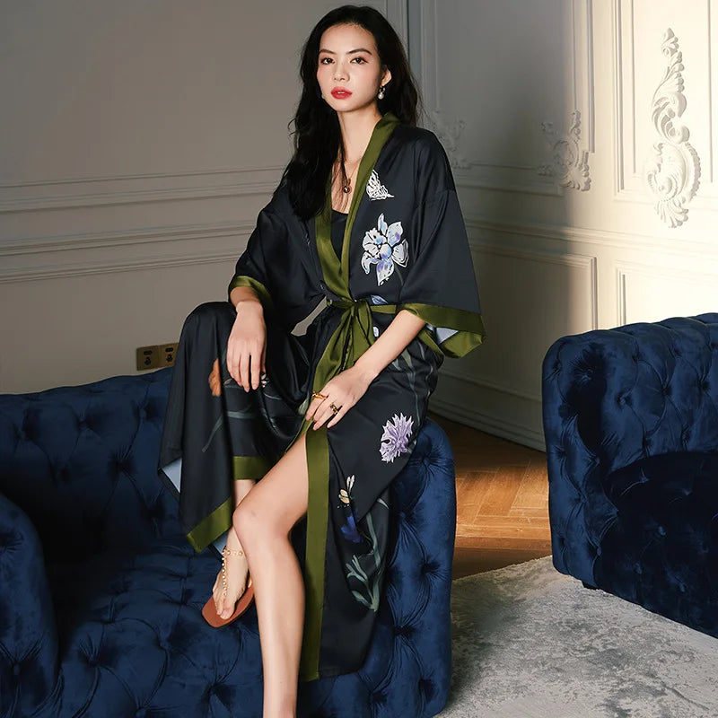 Women's Olive Green Floral Satin Kimono Robe