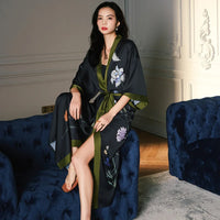Charcoal Floral Silk Kimono Robe with Green Trim