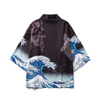 Black Kimono Cardigan with Great Wave and Dragon