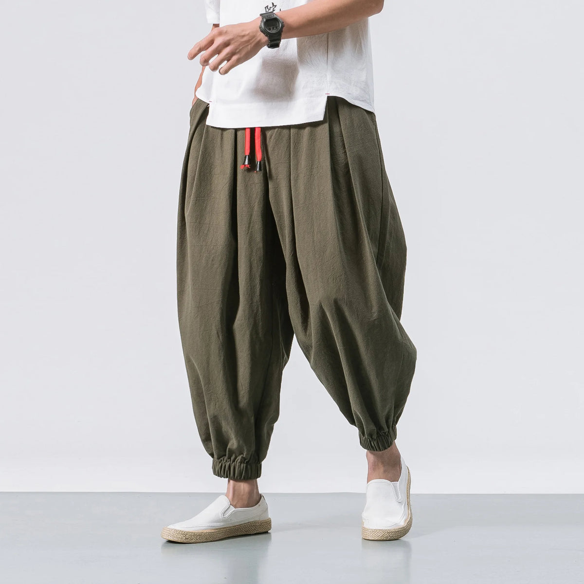 Men's Olive Green Linen Blend Harem Pants