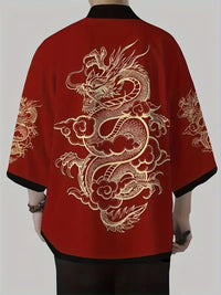 Deep Red Golden Dragon Kimono Cardigan