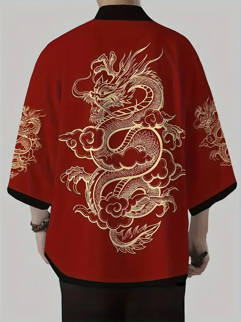 Deep Red Golden Dragon Kimono Cardigan