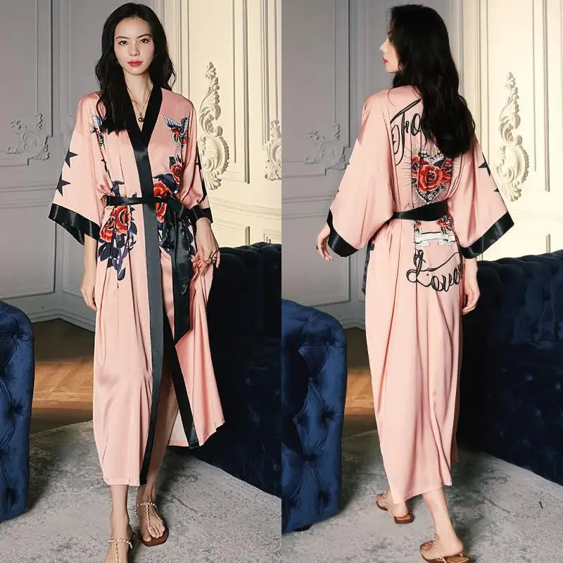 Blush Pink Silky Floral Kimono Robe with Stars & Love