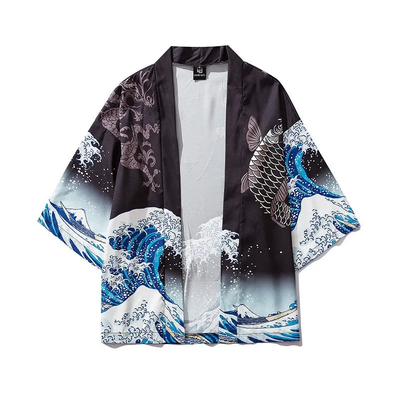 Black Japanese Warrior Print Kimono Cardigan
