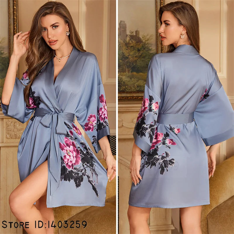 Women's Dusky Blue Floral Satin Kimono Robe