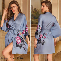 Women's Dusky Blue Floral Satin Kimono Robe