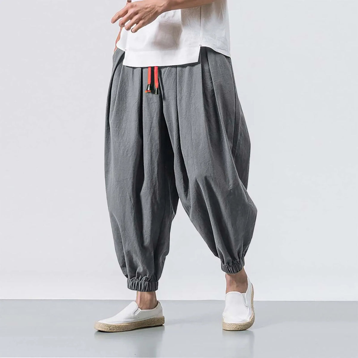Men's Dark Gray Harem Pants with Red Drawstring