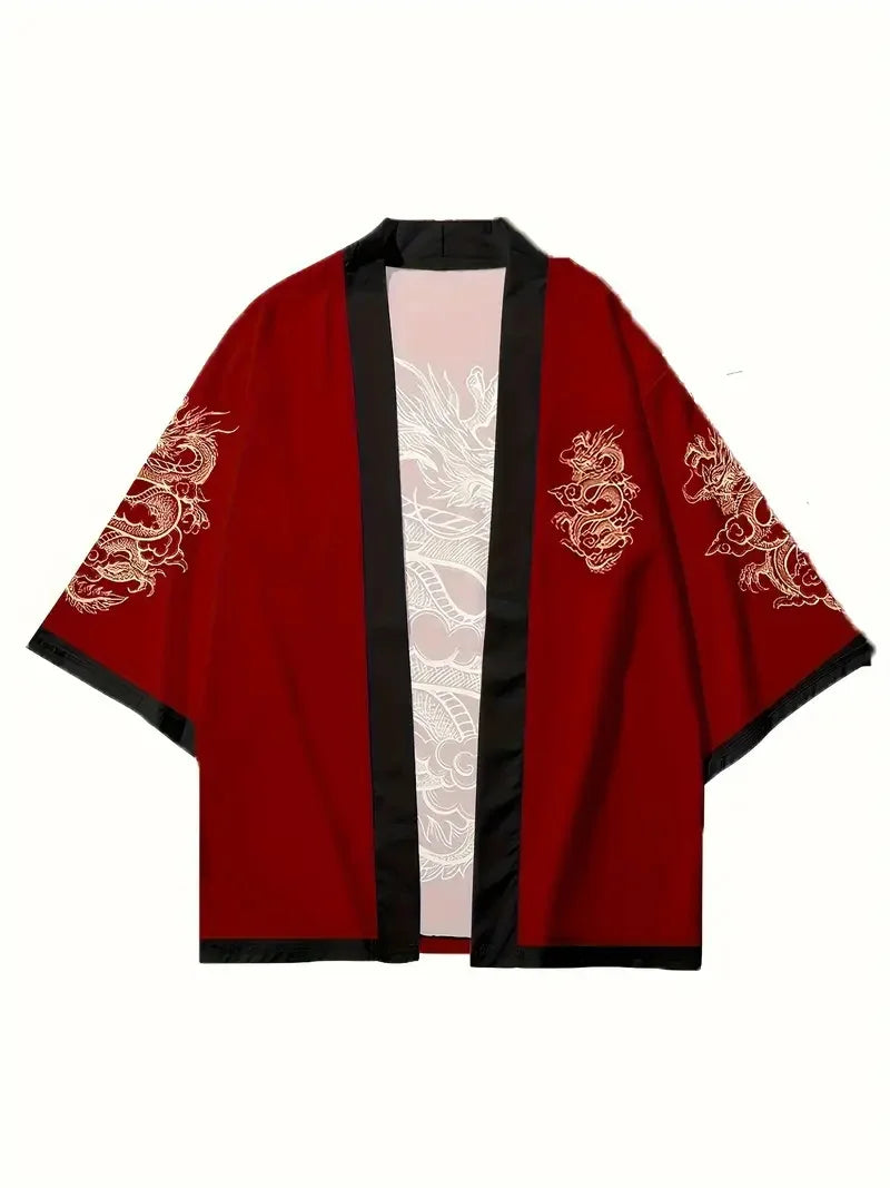 Deep Red Golden Dragon Kimono Cardigan