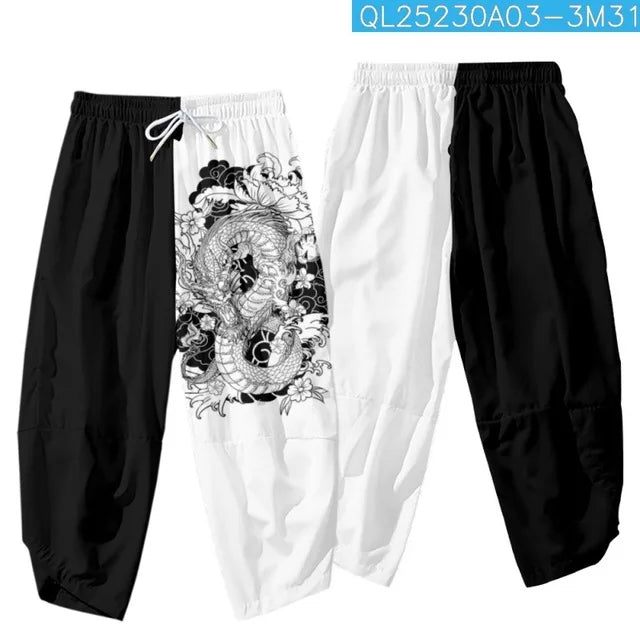 Unisex Half Black White Dragon Print Joggers
