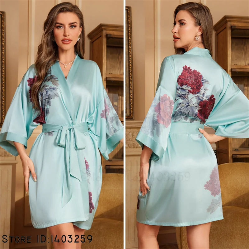 Aqua Blue Satin Floral Kimono Robe