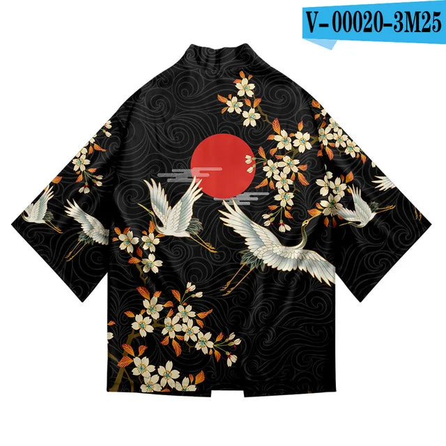 Black Kimono Jacket with Cranes, Red Sun, Blossoms