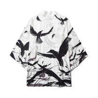 White Kimono Cardigan with Black Bird Print