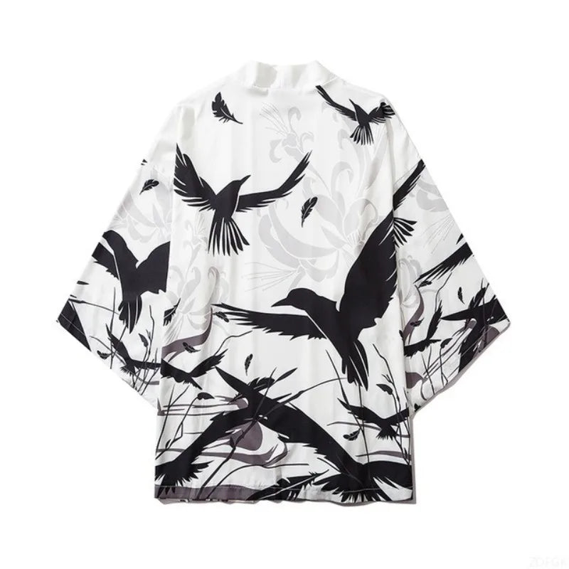 White Kimono Cardigan with Black Bird Print
