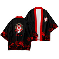 Black Haori Jacket with Katana and Kitsune Print