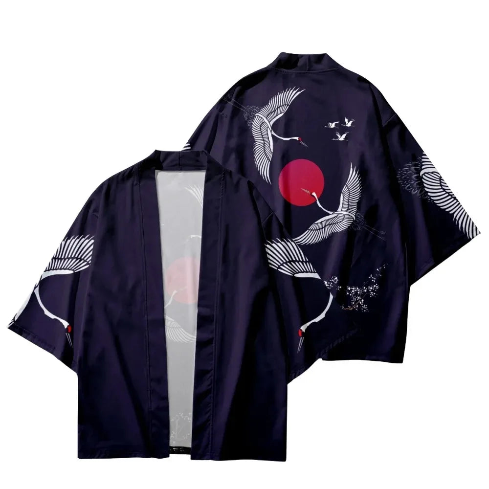 Japanese Crane & Red Sun Navy Kimono Jacket