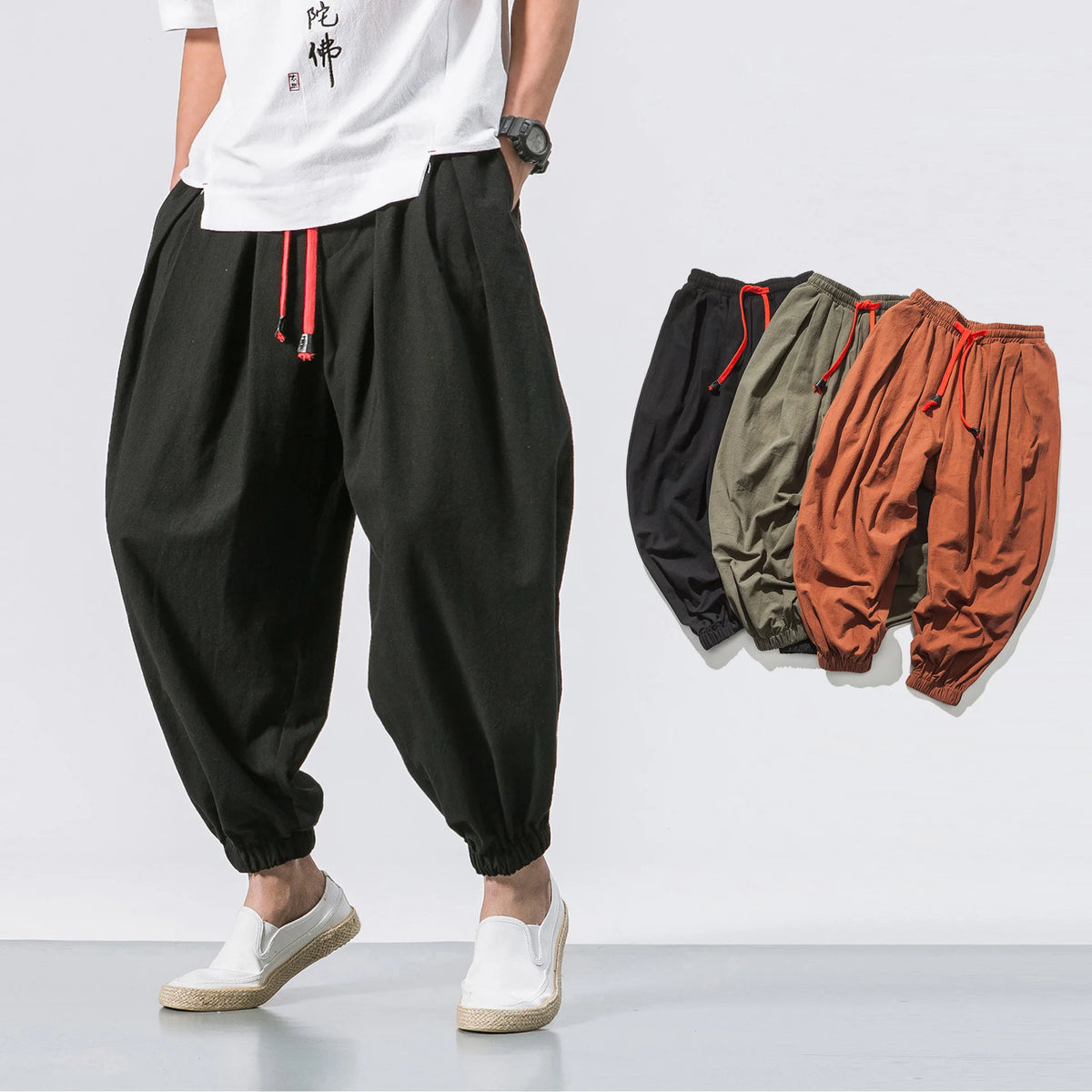Men's Khaki Linen Blend Harem Pants with Elastic Cuffs