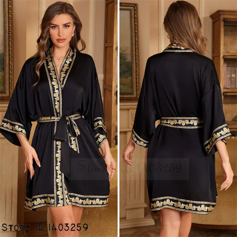 Women's Black Silky Kimono Robe with Gold Embroidery