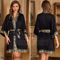 Women's Black Silky Kimono Robe with Gold Embroidery