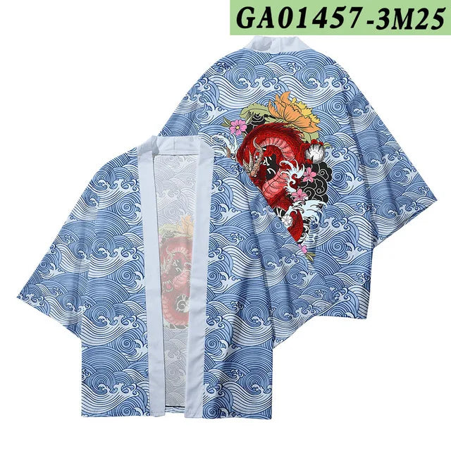 Japanese Red Dragon Blue Wave Kimono Cardigan