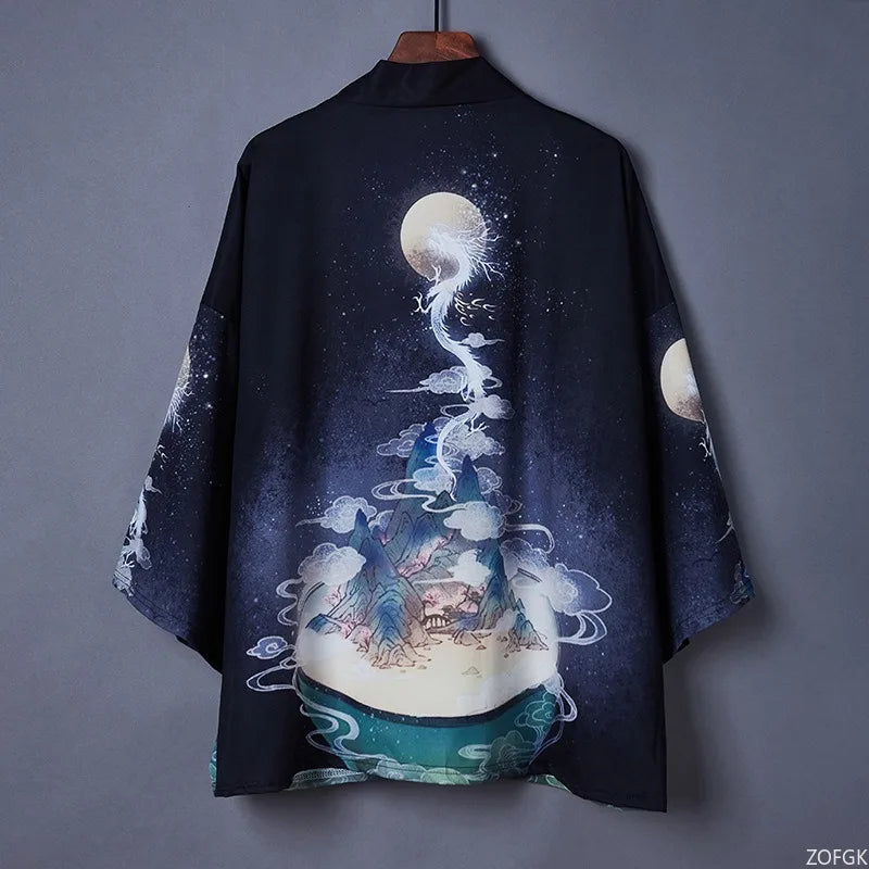 Japanese Kimono with Dragon Moonscape Print