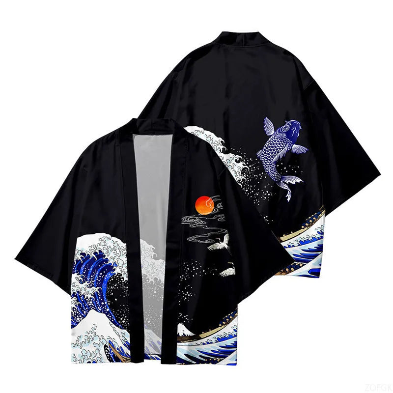 Black Japanese Kimono Jacket with Wave and Koi Fish