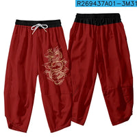 Red Dragon Embroidered Loose Cropped Pants
