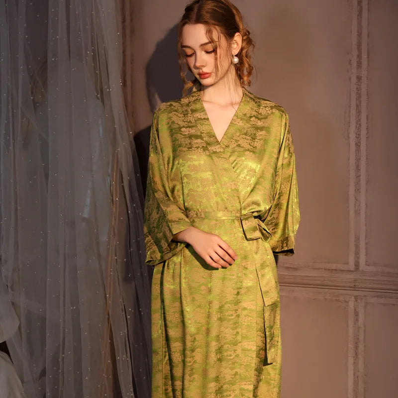 Women's Olive Jacquard Satin Kimono Robe