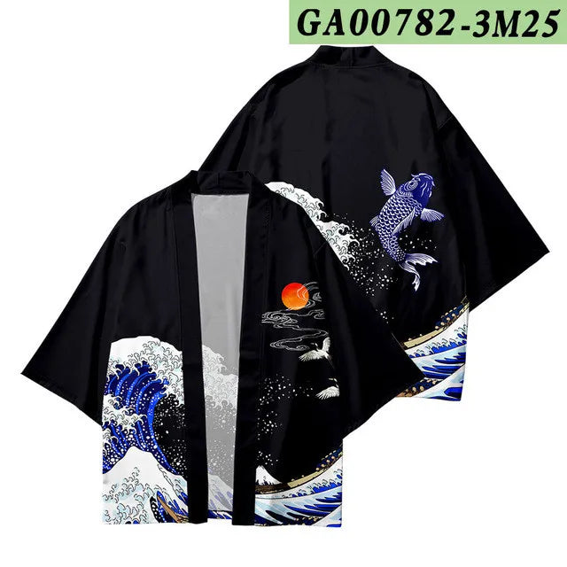 Black Kimono Jacket with Great Wave and Koi Fish Print